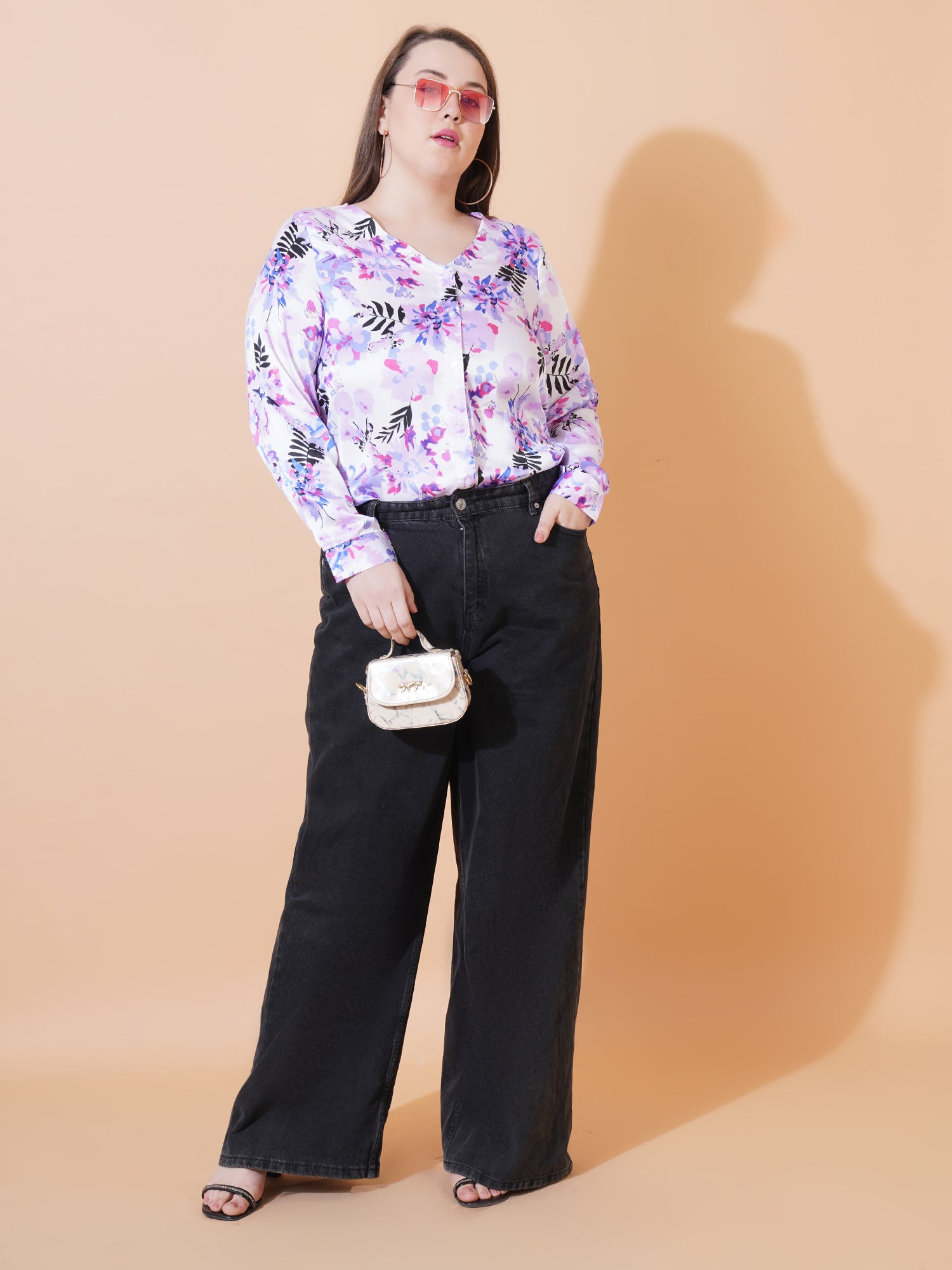 Women Purple Leaf Print Full Sleeves Satin Shirt Style Plus Size Top - Detail View