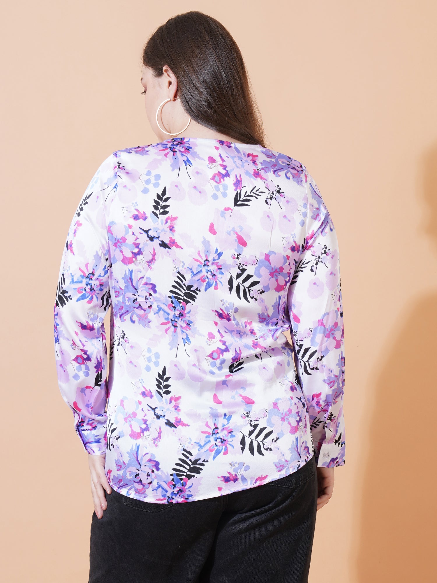 Women Purple Leaf Print Full Sleeves Satin Shirt Style Plus Size Top - Back View