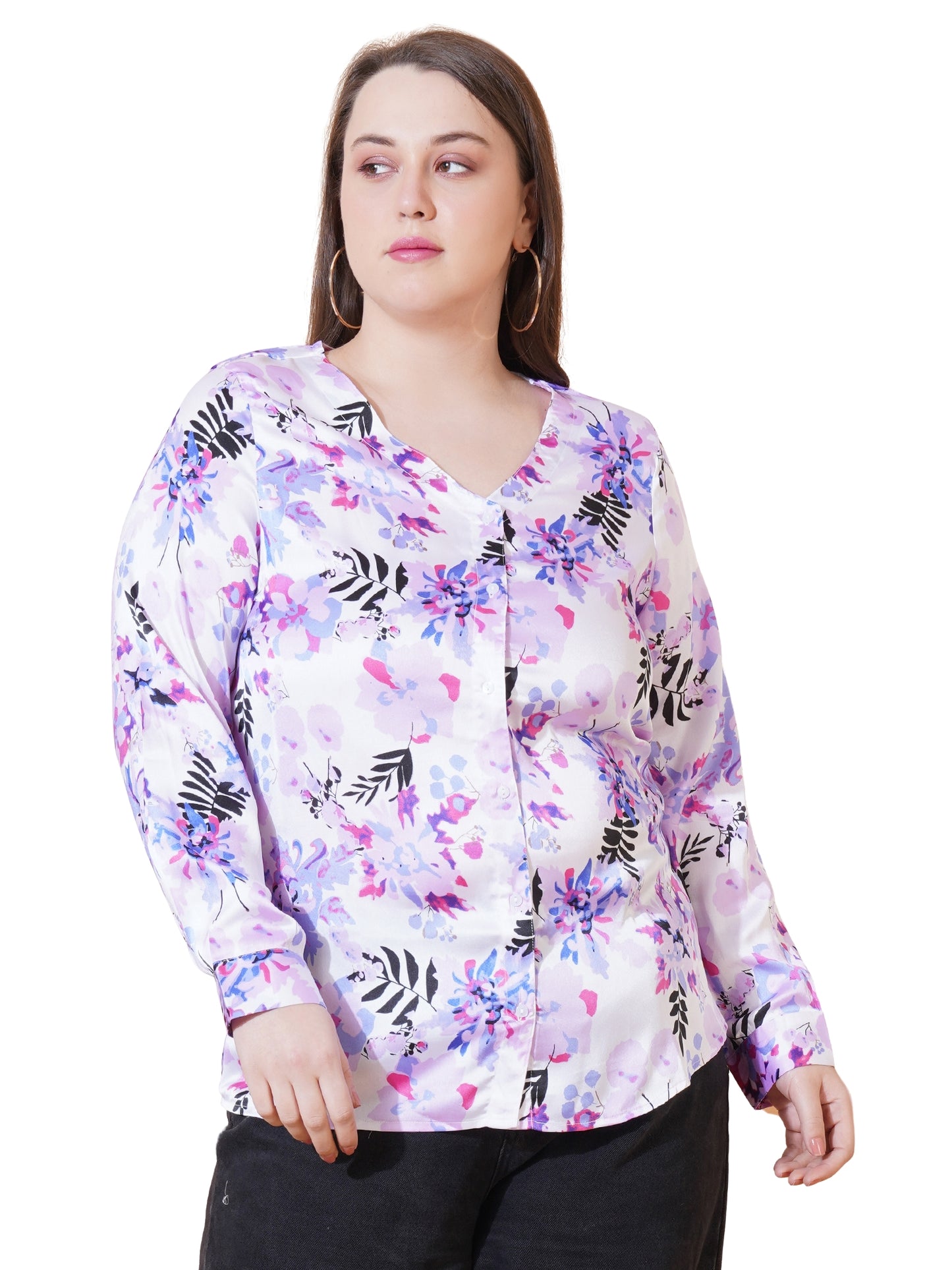 Women Purple Leaf Print Full Sleeves Satin Shirt Style Plus Size Top