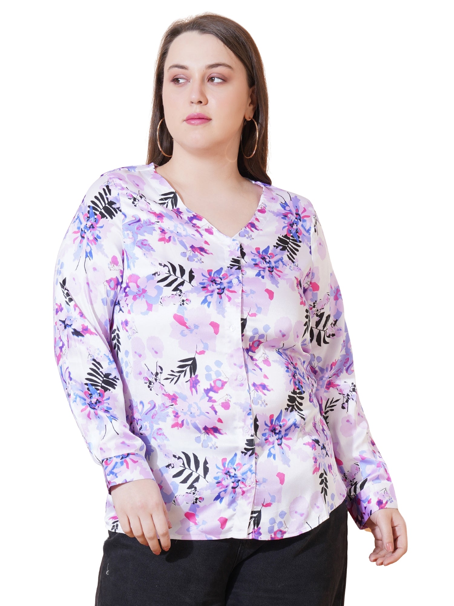 Women Purple Leaf Print Full Sleeves Satin Shirt Style Plus Size Top
