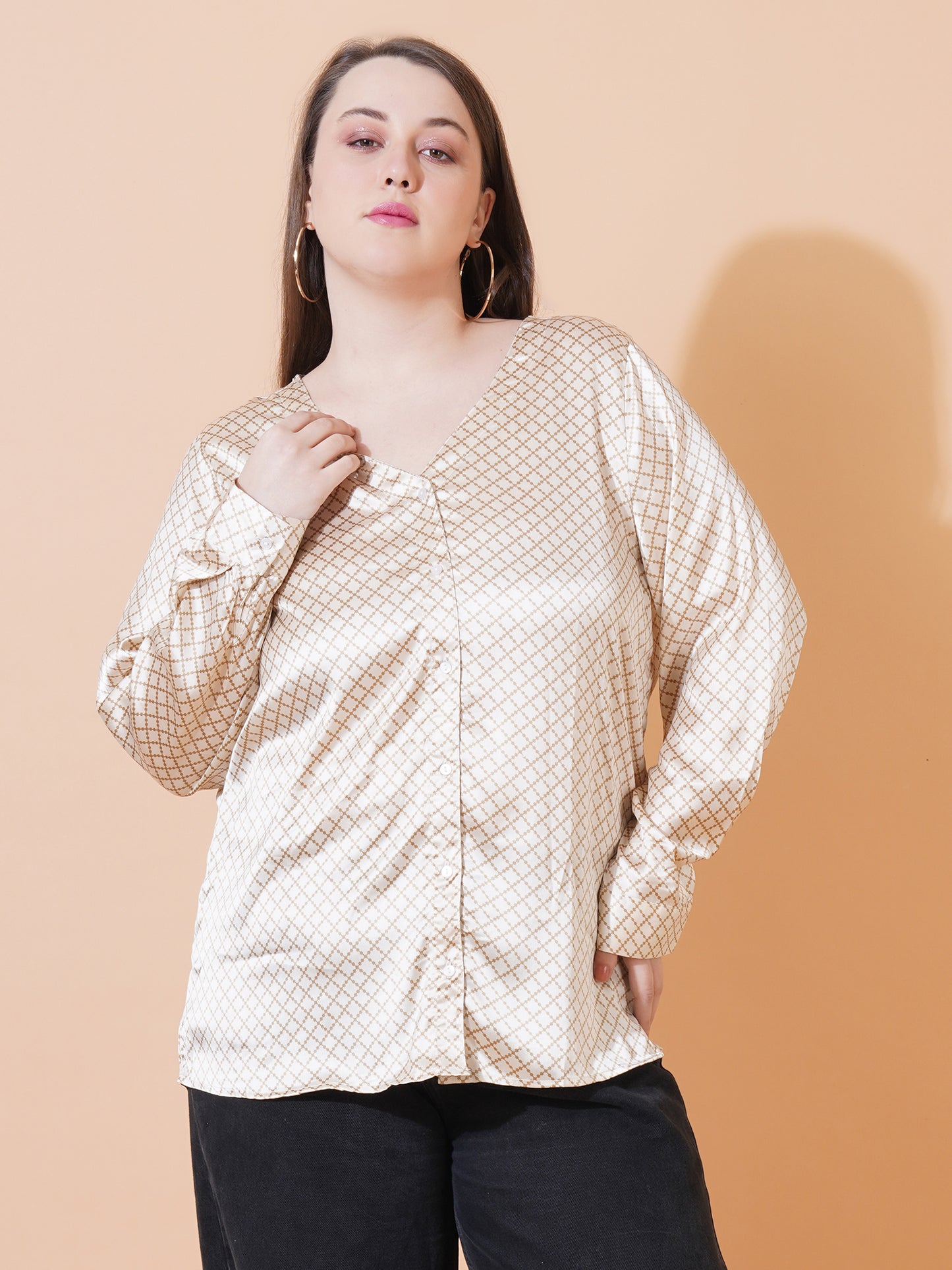 Women White & Brown Checkred Full Sleeves Satin Plus Size Shirt Style Top