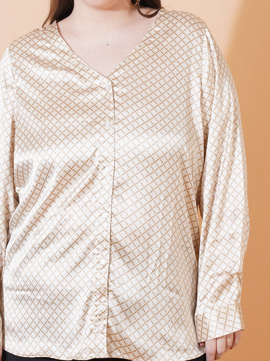 Women White & Brown Checkred Full Sleeves Satin Plus Size Shirt Style Top