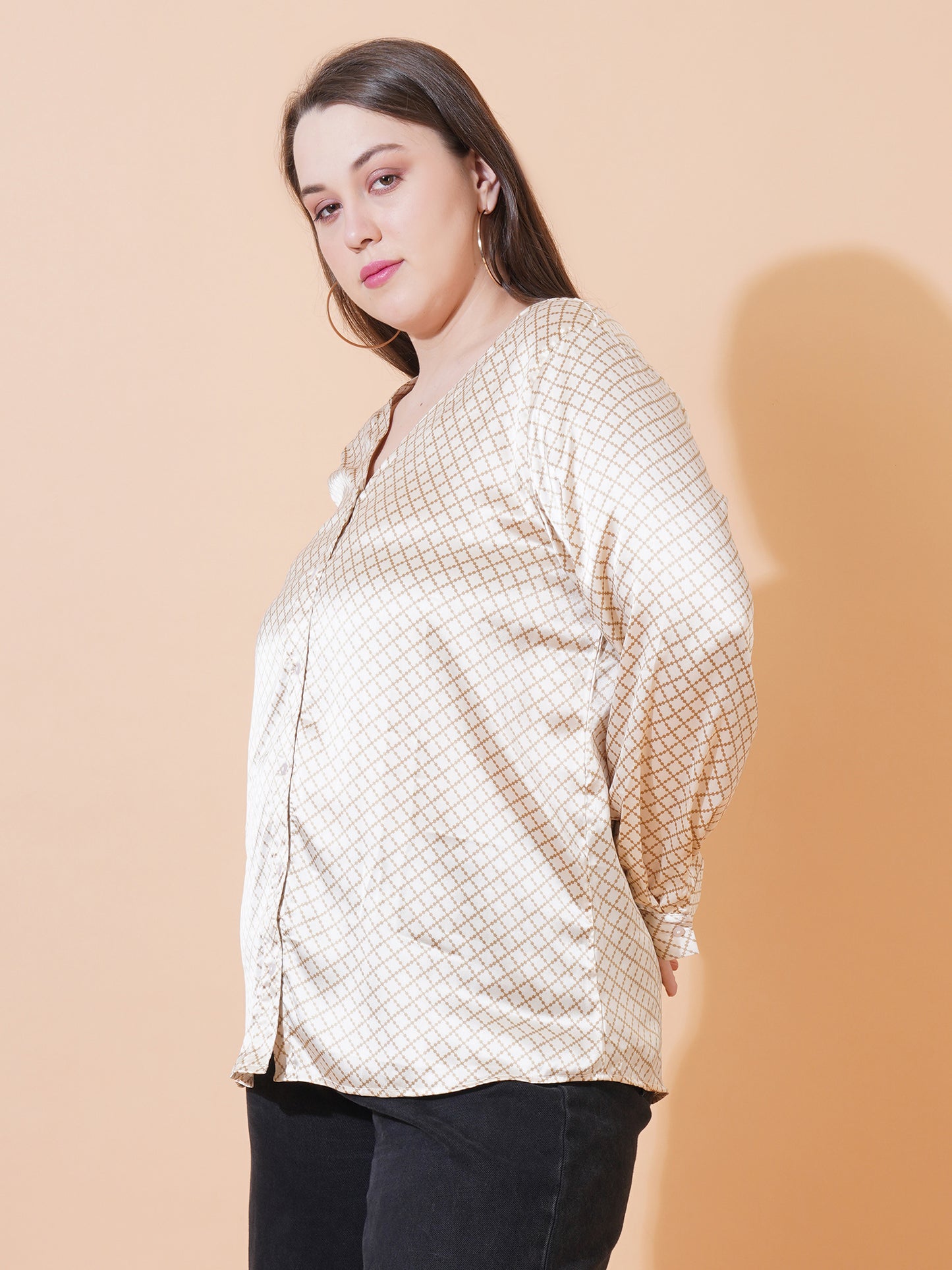 Women White & Brown Checkred Full Sleeves Satin Plus Size Shirt Style Top