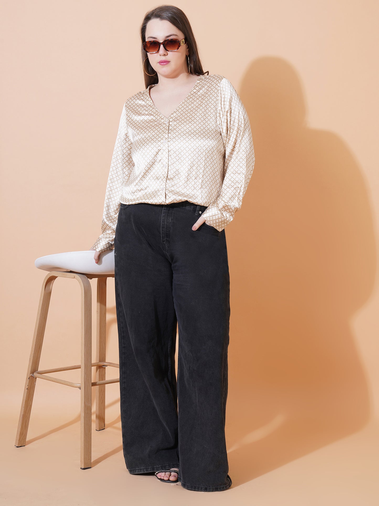 Women White & Brown Checkred Full Sleeves Satin Plus Size Shirt Style Top