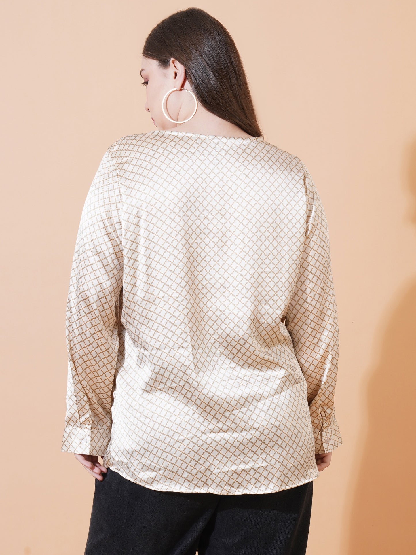 Women White & Brown Checkred Full Sleeves Satin Plus Size Shirt Style Top