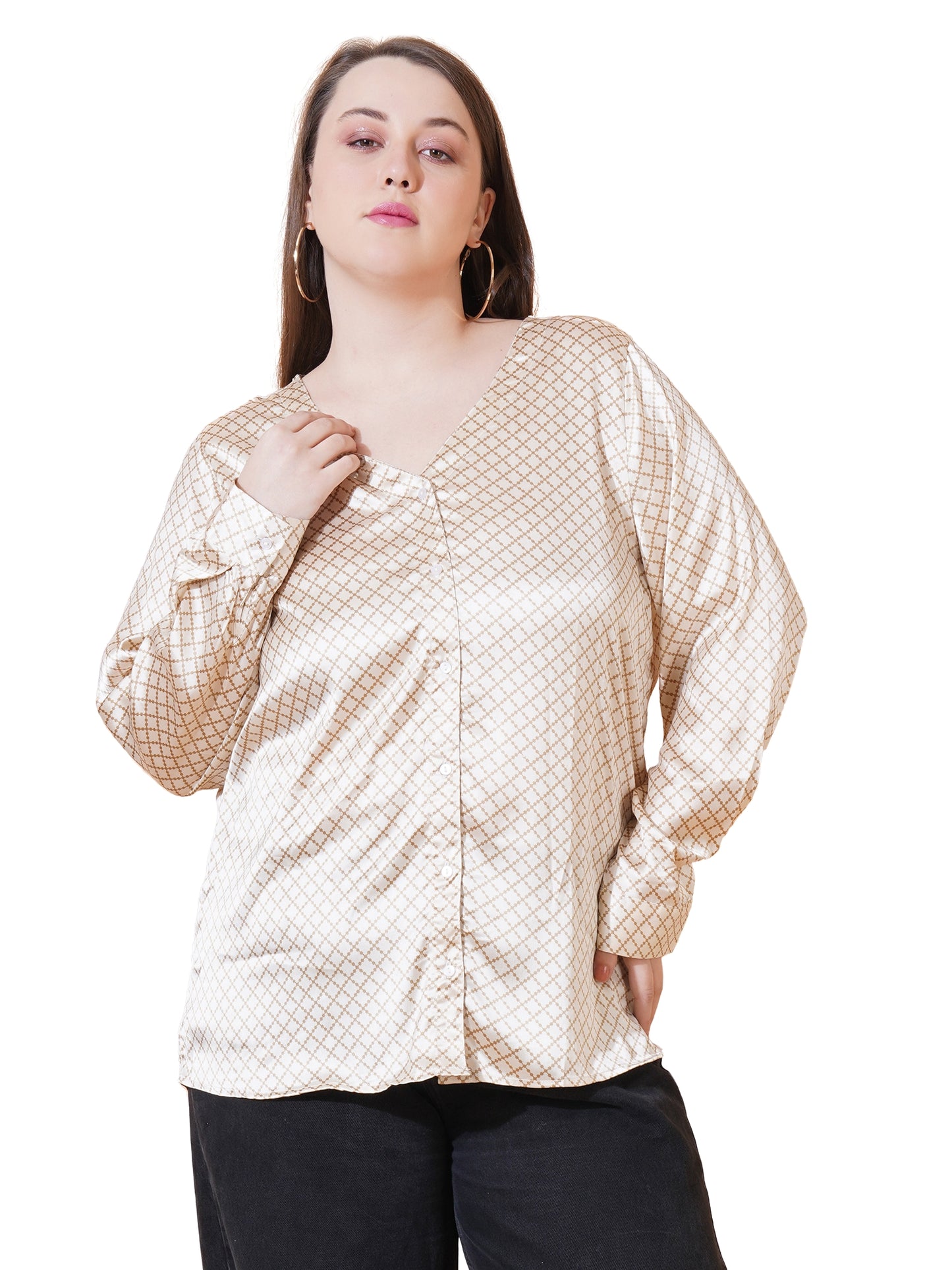 Women White & Brown Checkred Full Sleeves Satin Plus Size Shirt Style Top
