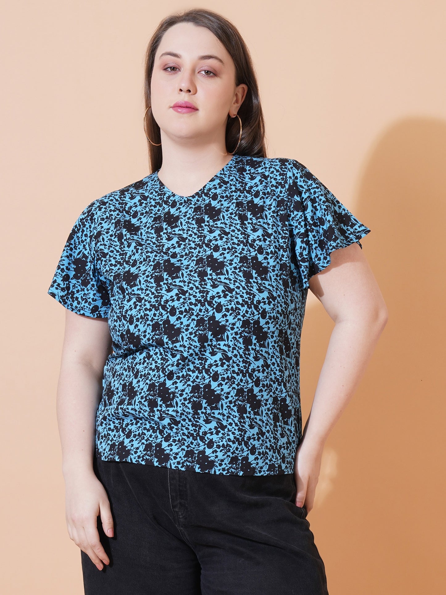Women Floral Print Short Sleeves Plus Size Top - Front View