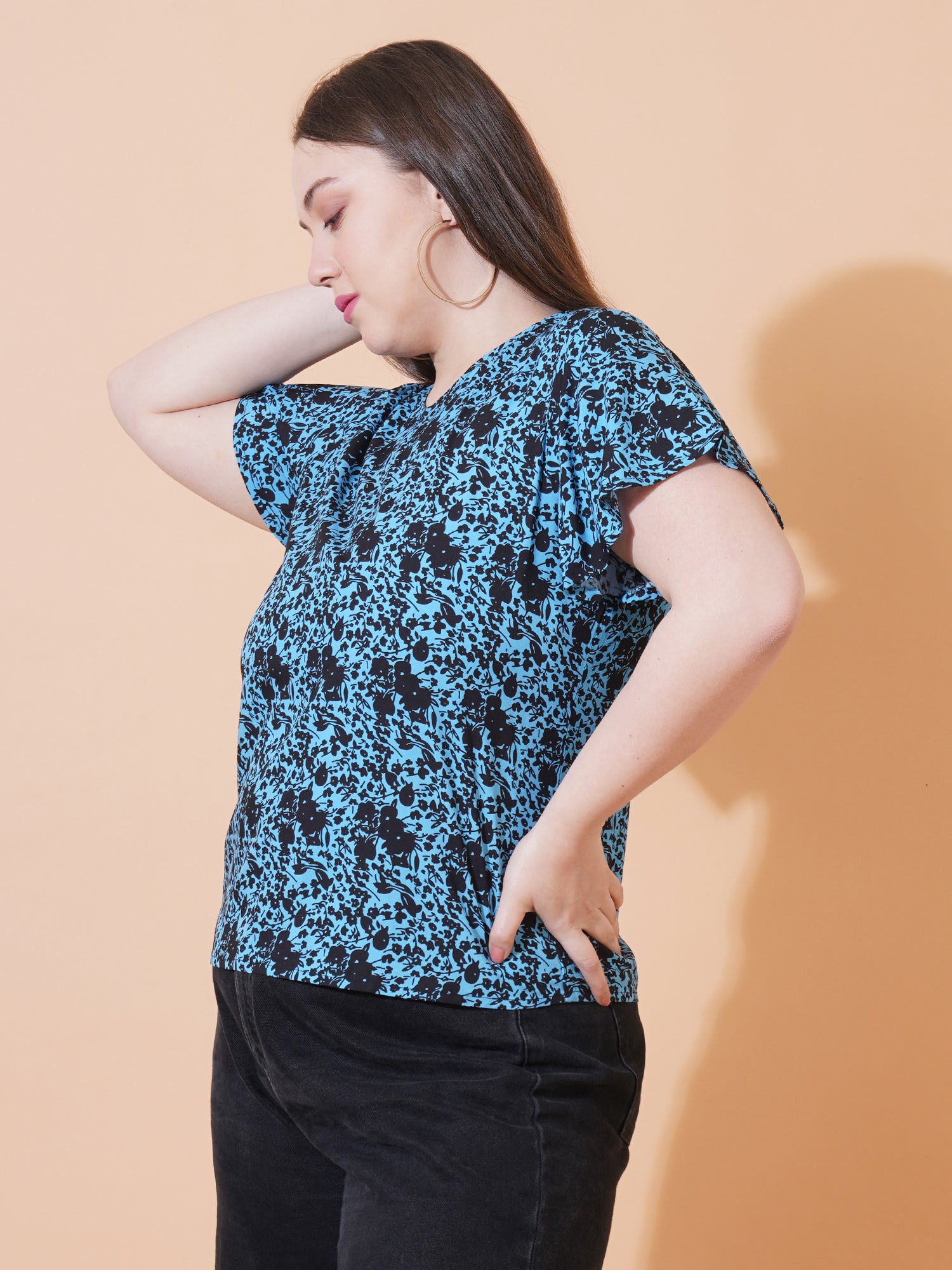 Women Floral Print Short Sleeves Plus Size Top - Side View