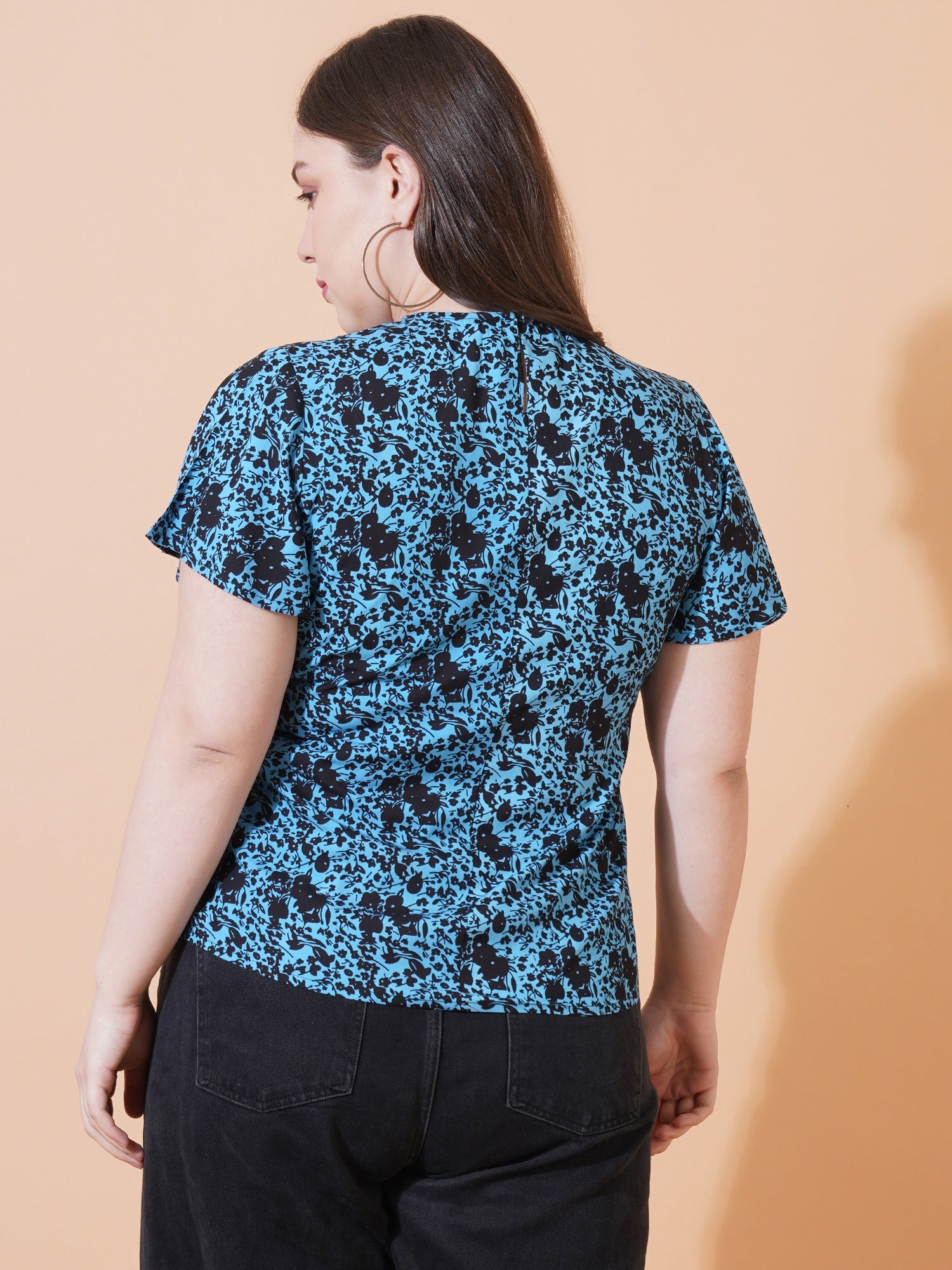 Women Floral Print Short Sleeves Plus Size Top - Back View