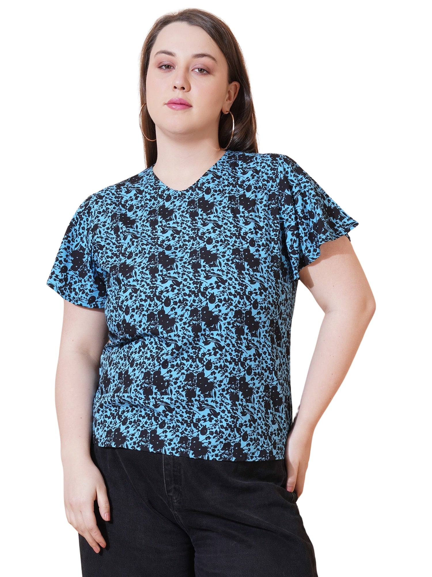 Women Floral Print Short Sleeves Plus Size Tops