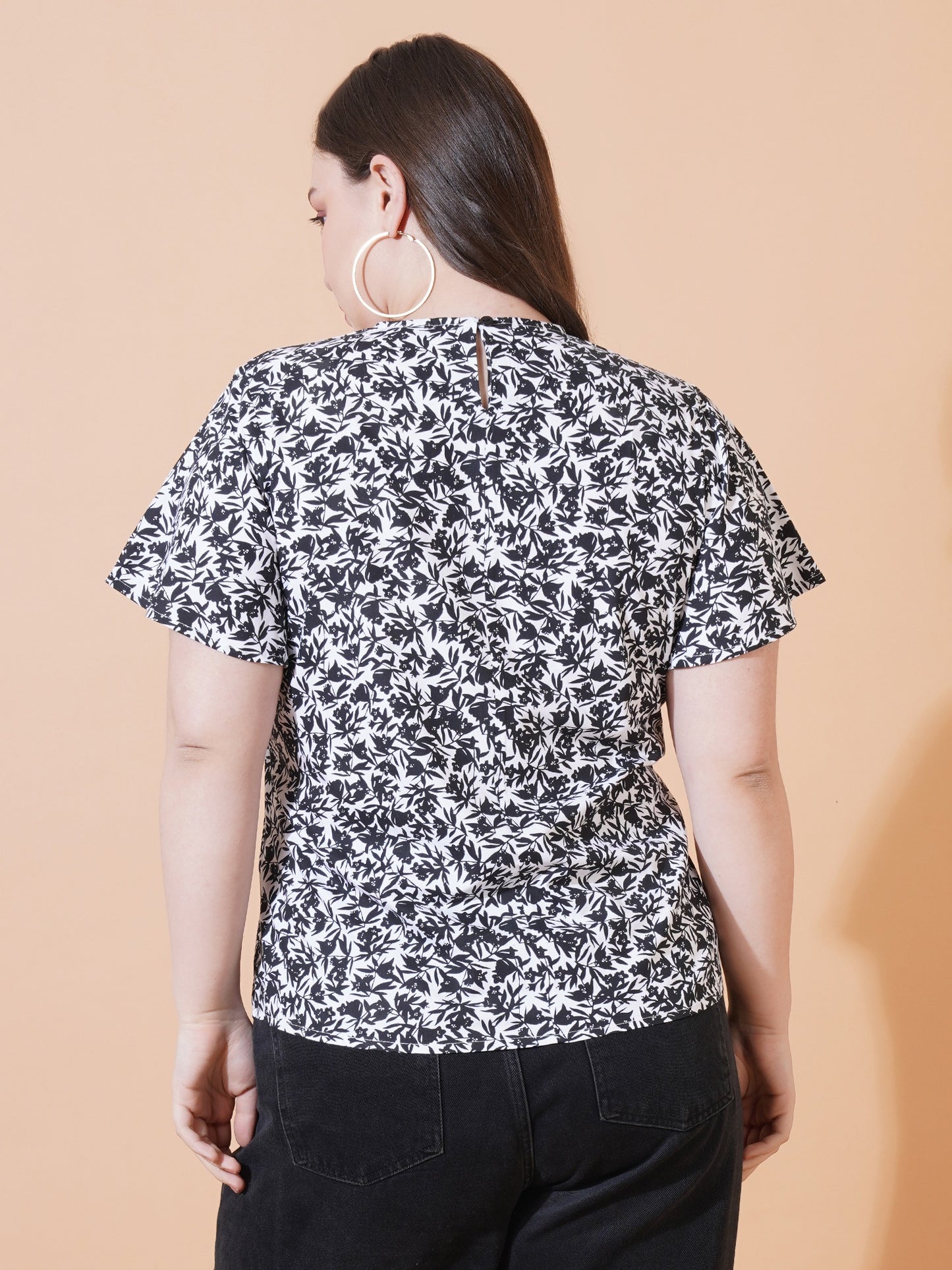 Women Floral Print Short Sleeves Regular Plus Size Top - Back View