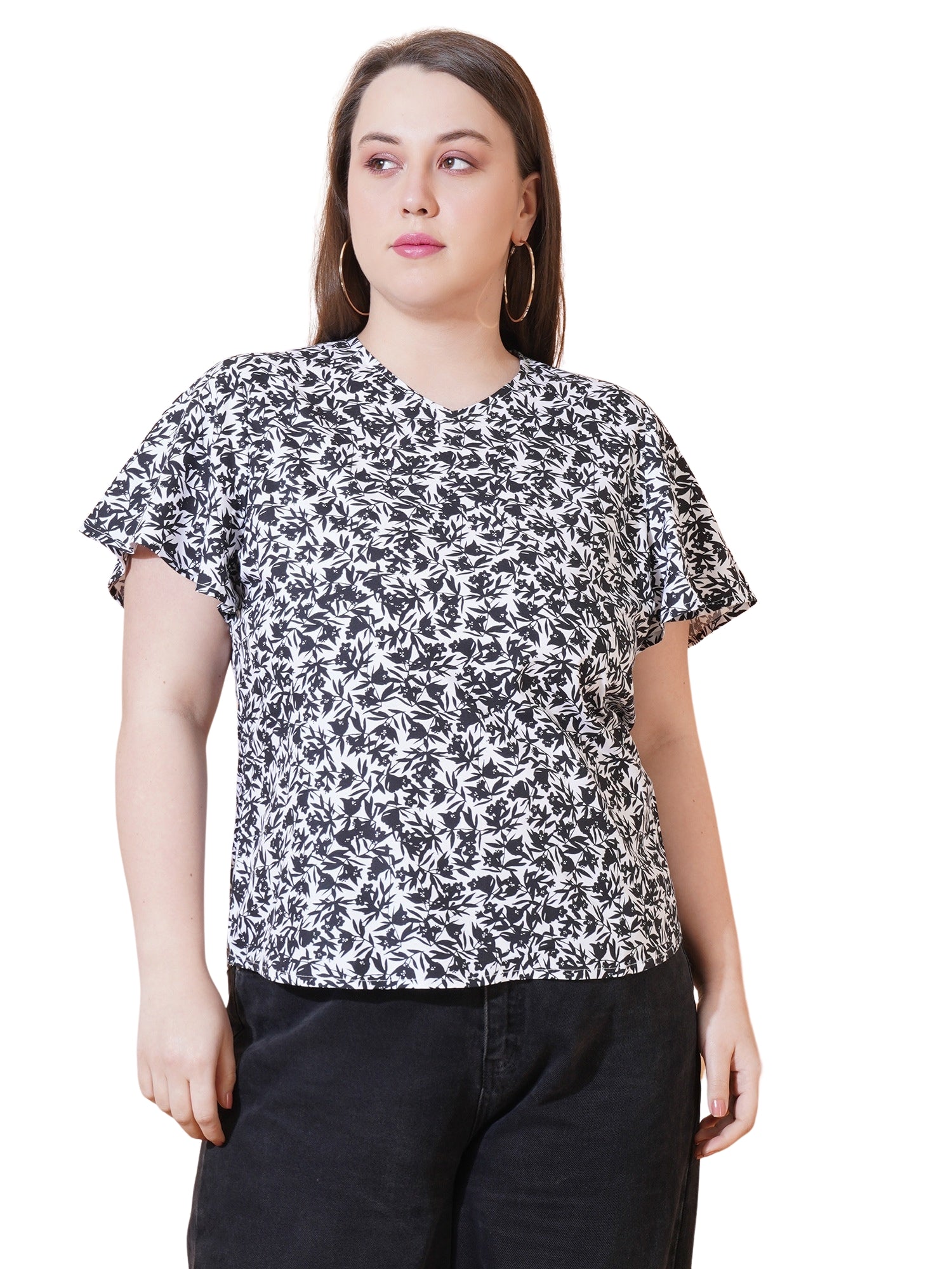 Women Floral Print Short Sleeves Regular Plus Size Top - White Background View