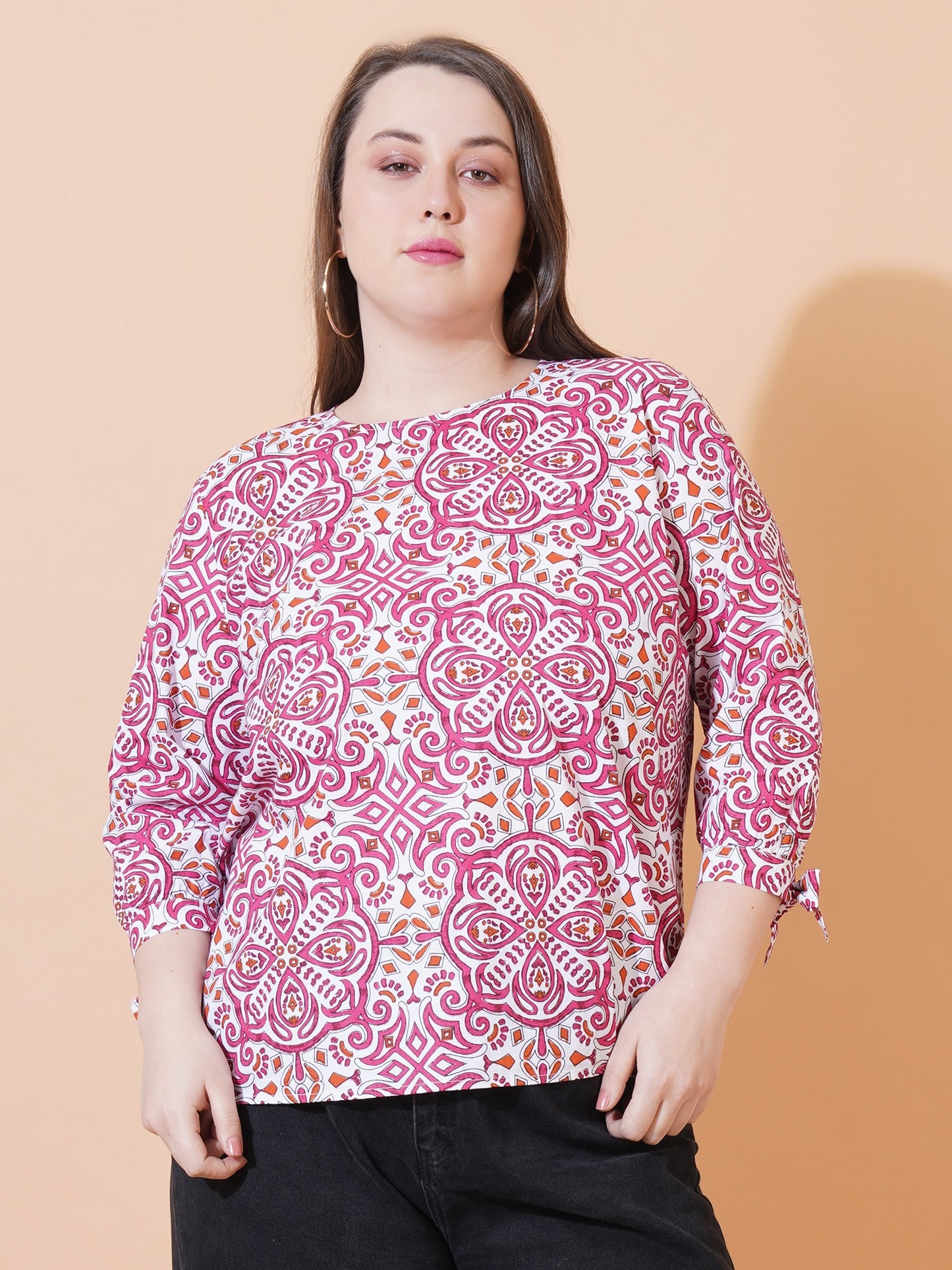 Women Pink & White Paisley Print Regular Plus Size Top - Front View