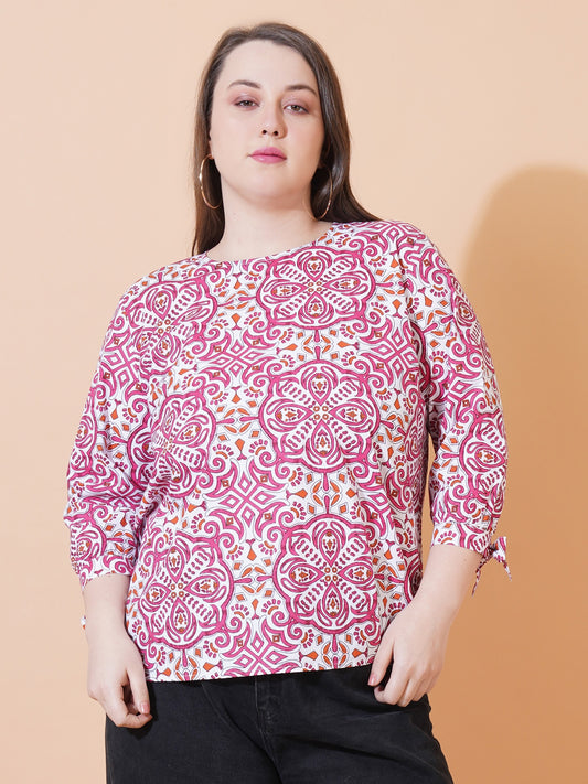 Women Pink & White Paisley Print Regular Plus Size Top - Front View