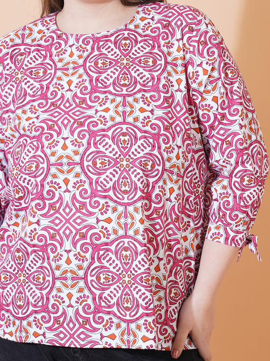 Women Pink & White Paisley Print Regular Plus Size Top - Close View