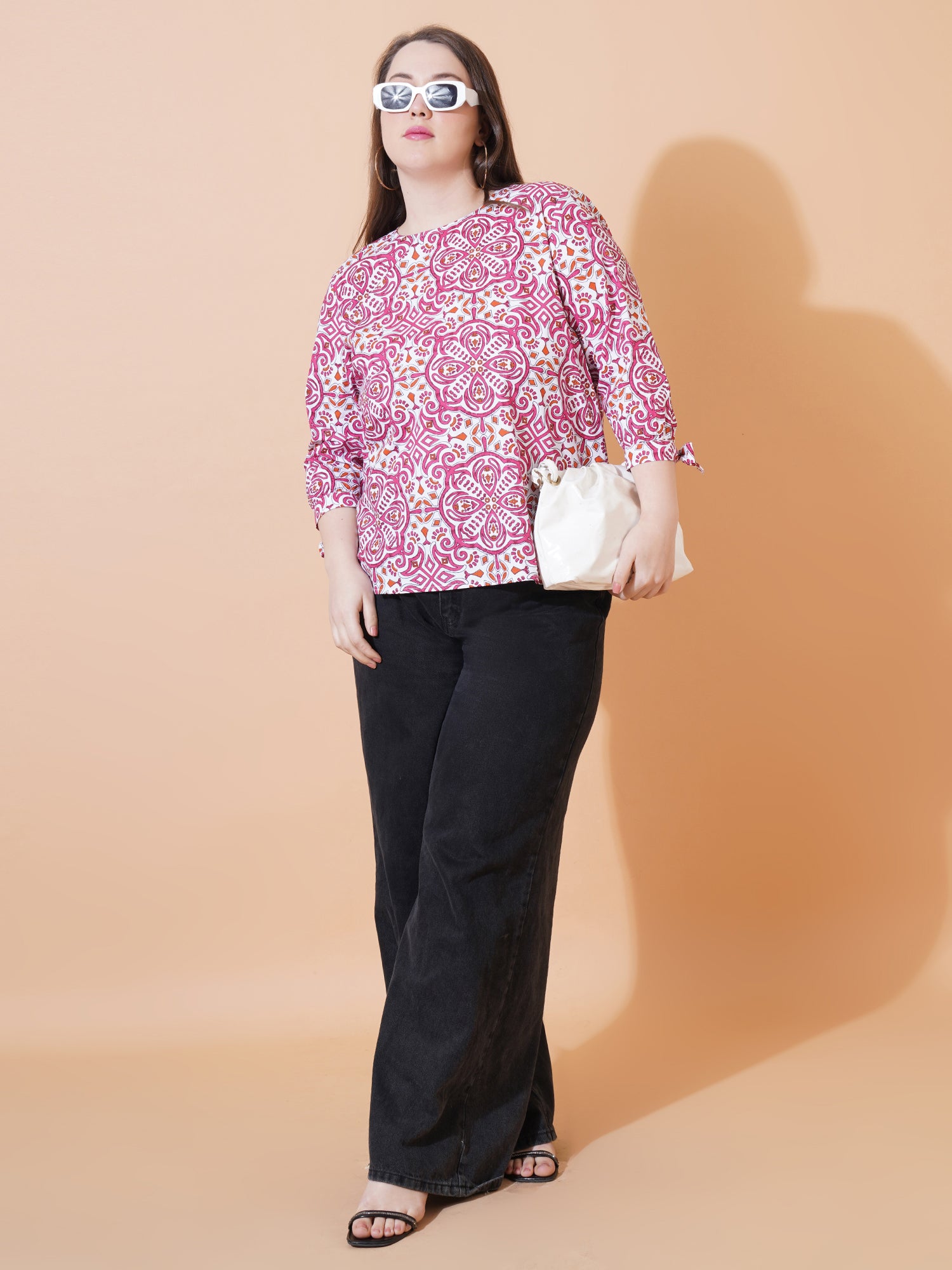 Women Pink & White Paisley Print Regular Plus Size Top - Detail View