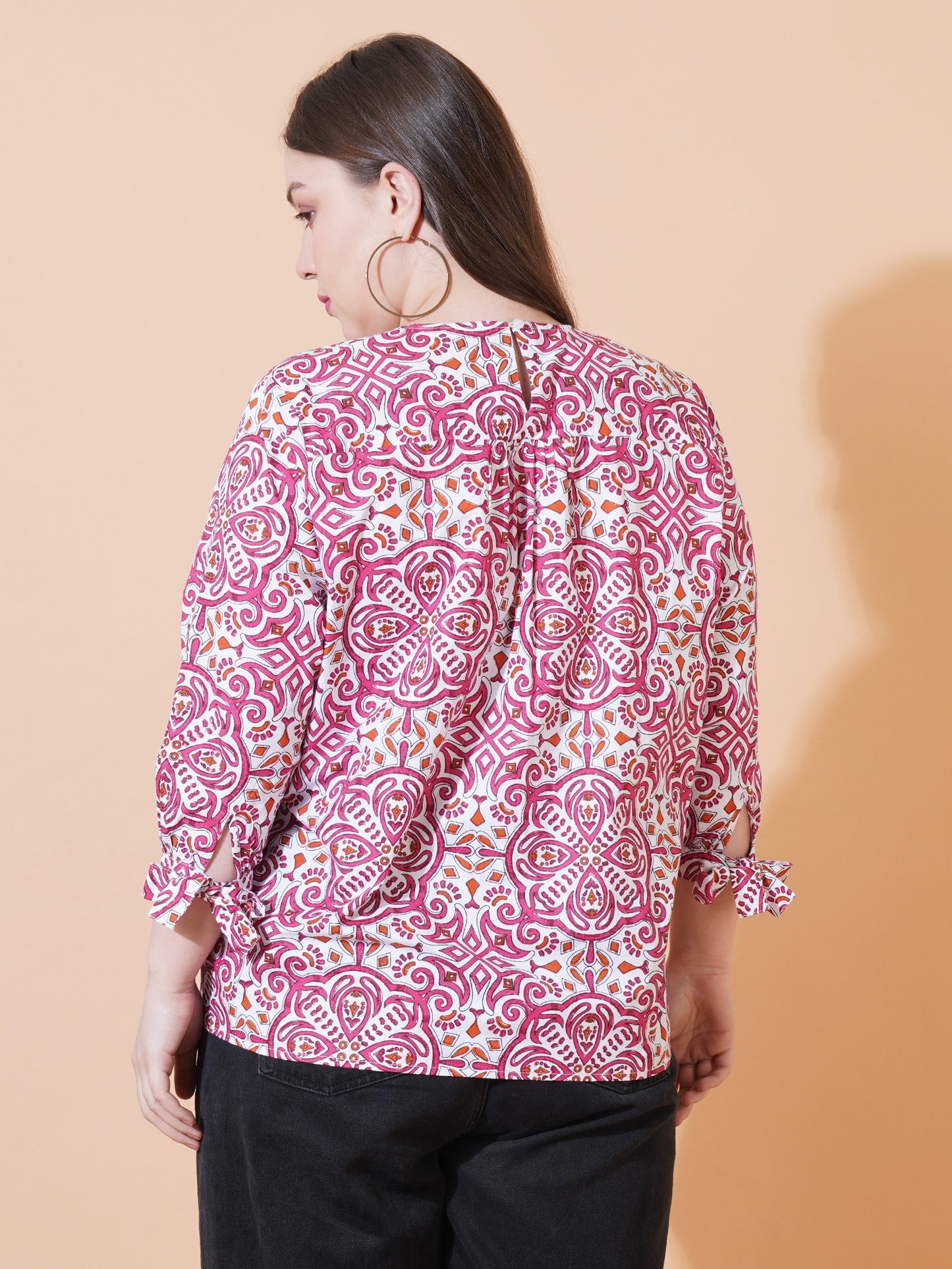 Women Pink & White Paisley Print Regular Plus Size Top - Black View