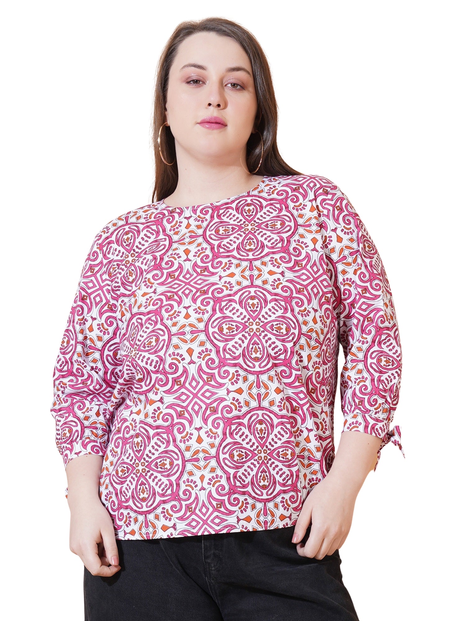 Women Pink & White Paisley Print Regular Plus Size Top - White Background View