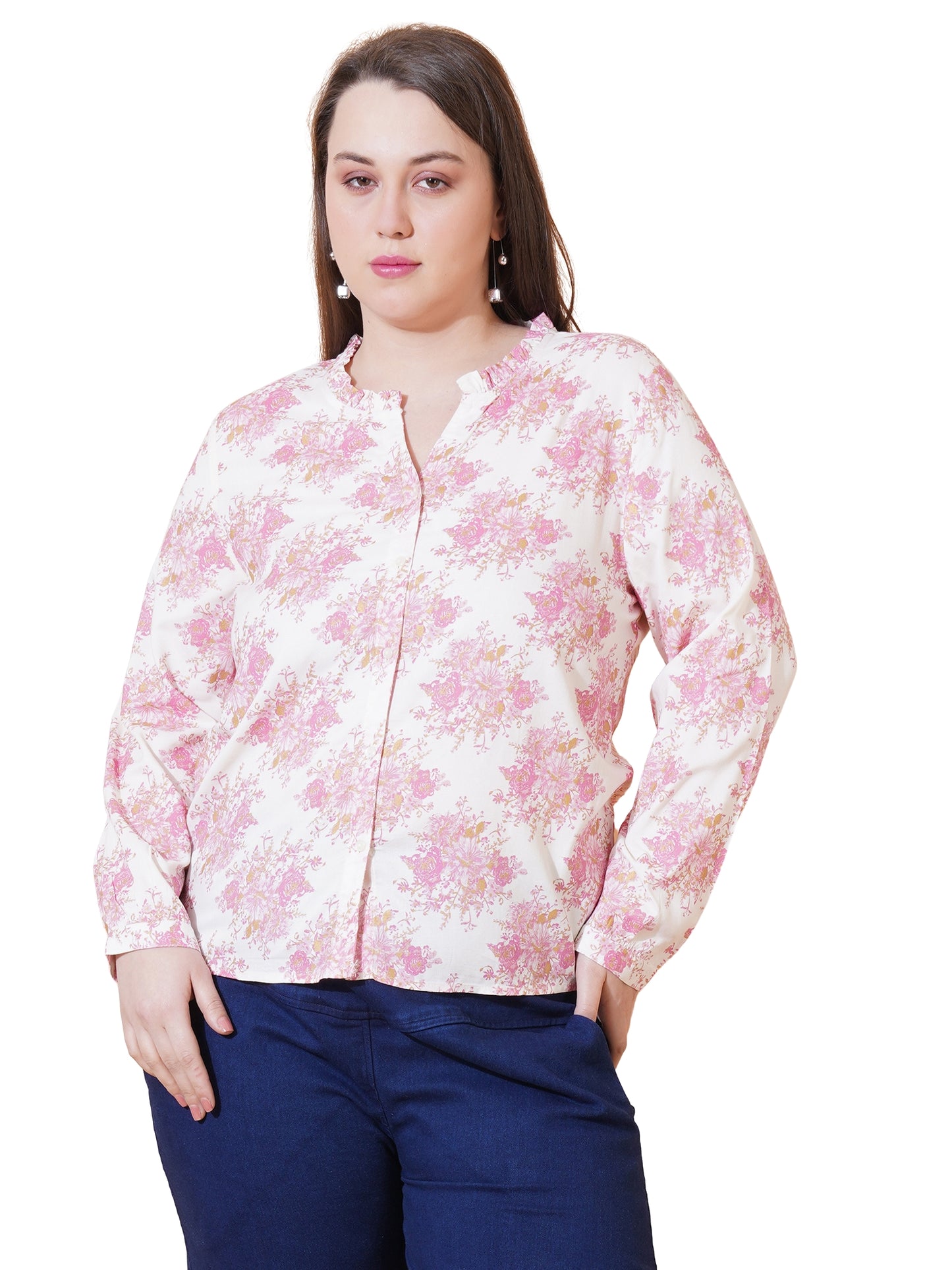 Women Pink Floral Print Tops - White Background View