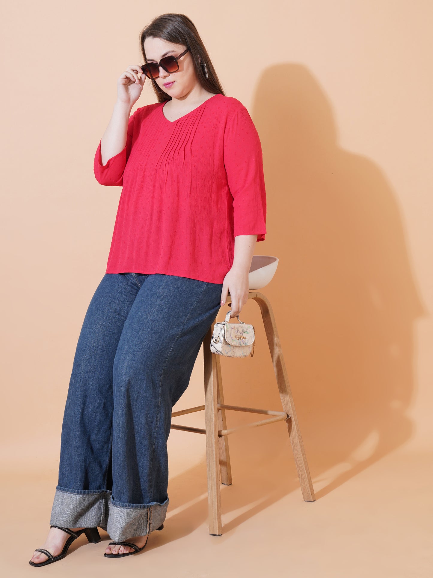 Women Red Dobby Print Pintuck Regular Top