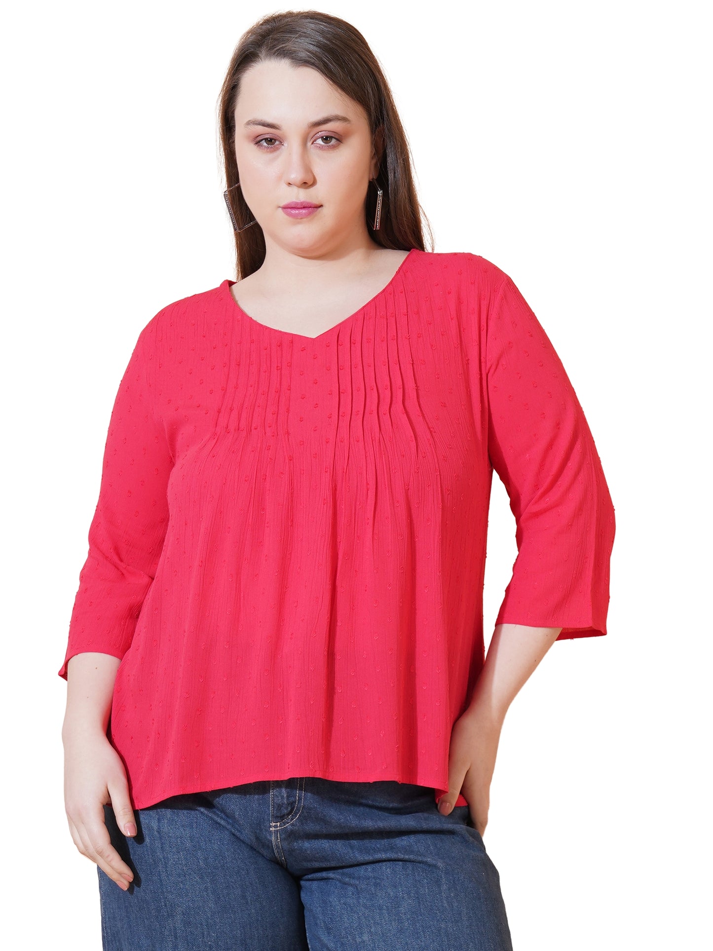 Women Red Dobby Print Pintuck Regular Top