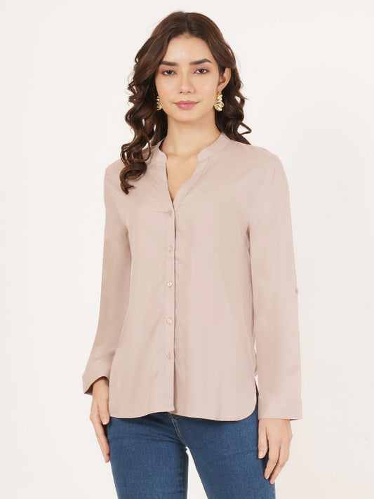 Women Beige Mandarin Collar Cotton Shirt
