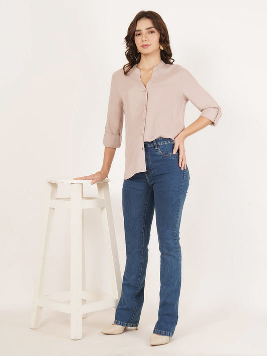 Women Beige Mandarin Collar Cotton Shirt