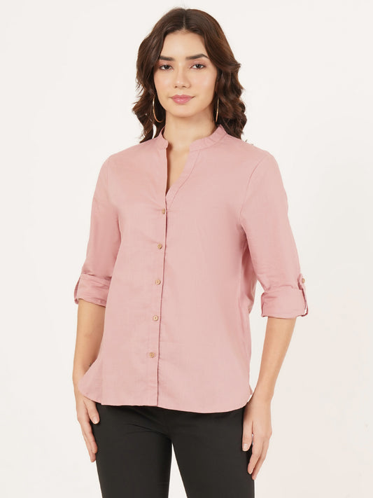 Women Light Pink Mandarin Collar Cotton Shirt