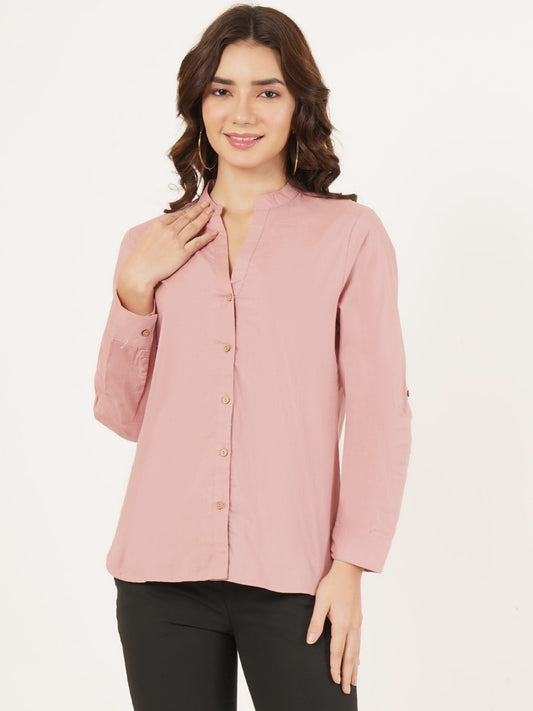 Women Light Pink Mandarin Collar Cotton Shirt