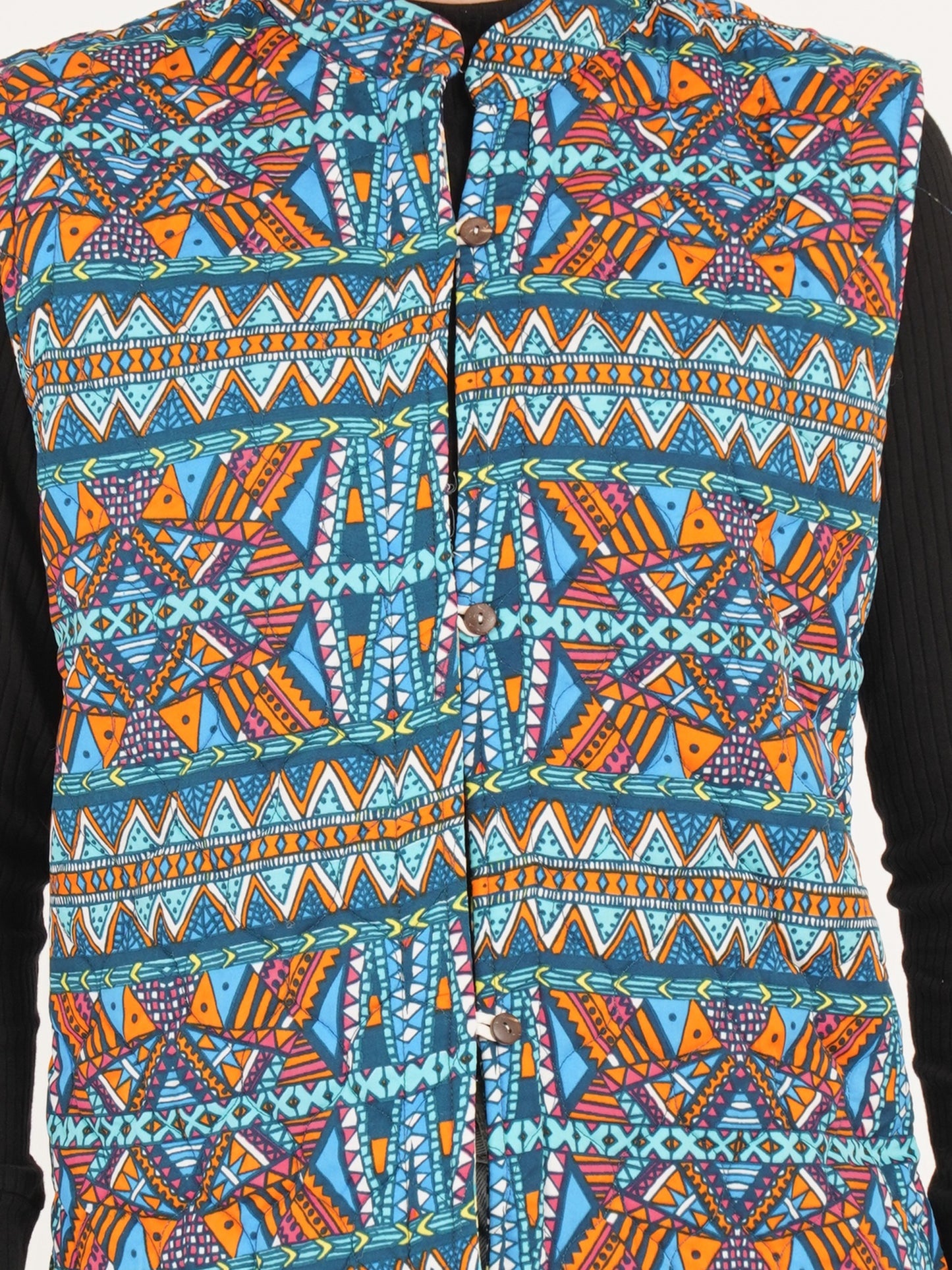 Colorful patterned vest jackets with geometric design