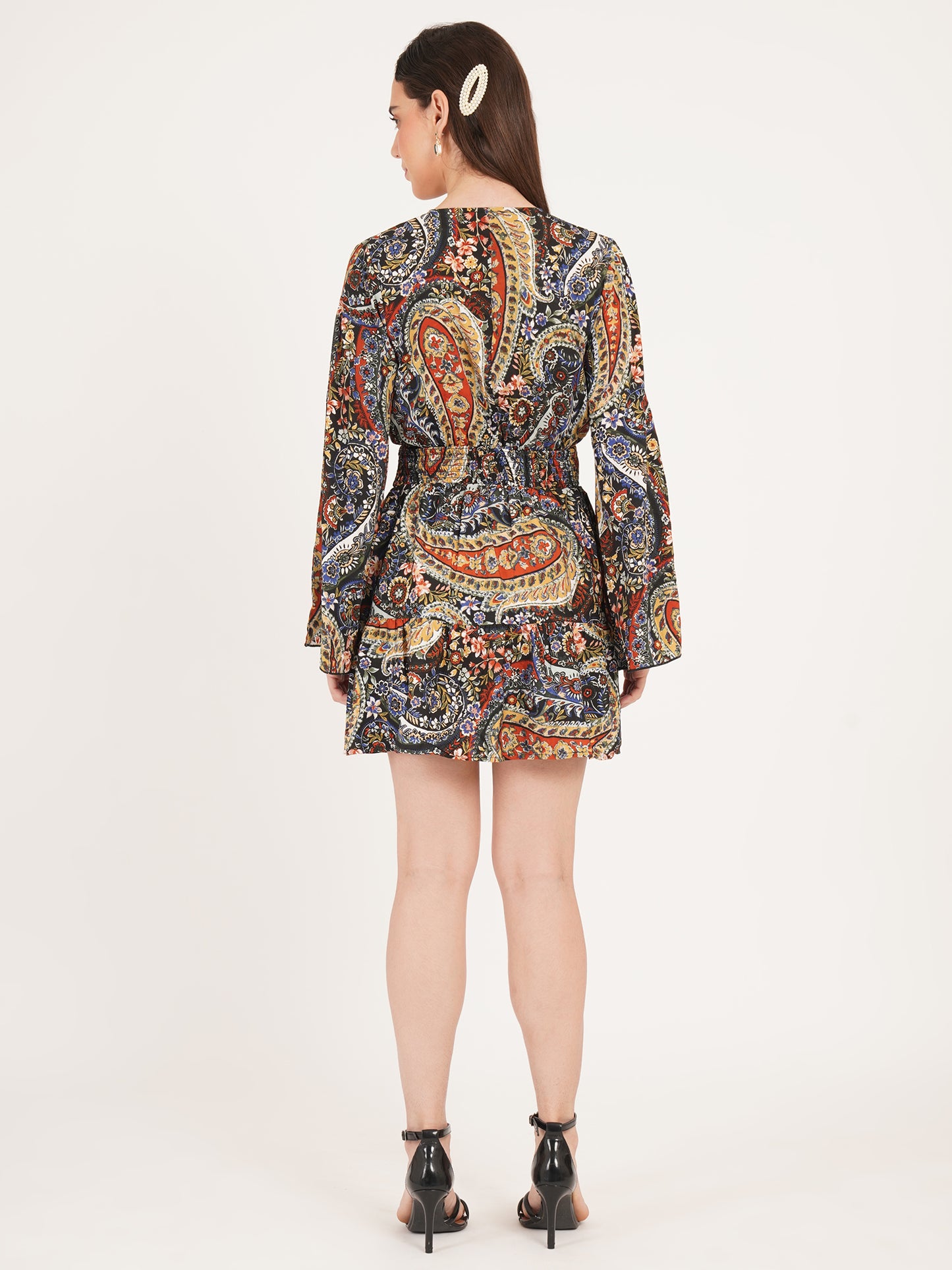 Women Black & Maroon Smocked V-Neck Mini Dress