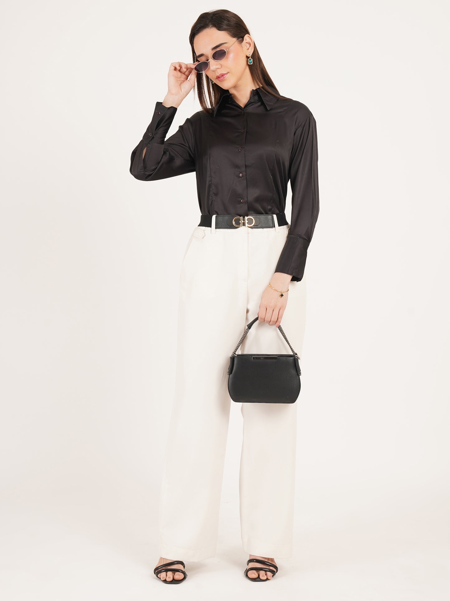 Women Black Solid Formal Full Sleeves Collared Top