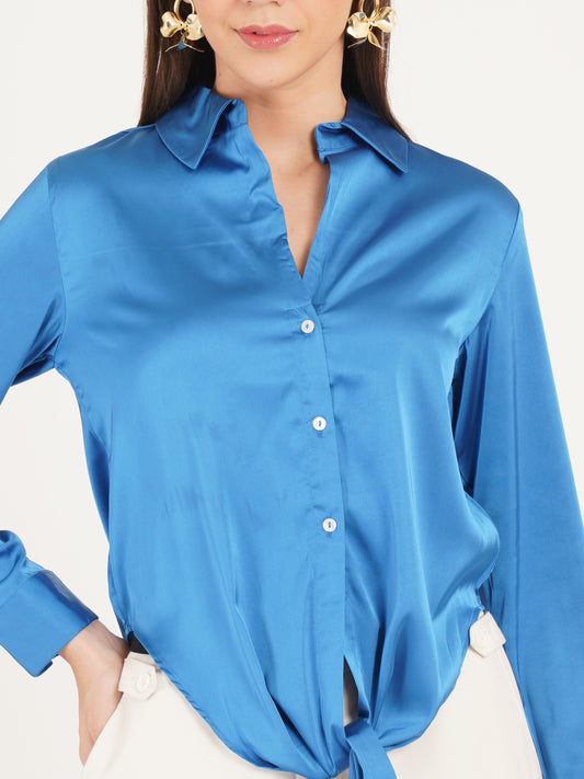 Women Fluorescent Blue Solid Tie-Up Collared Top