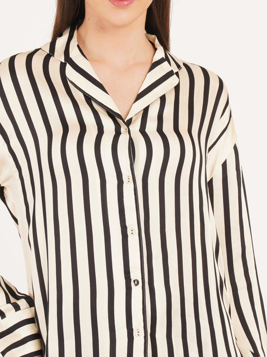 Women Black & Cream Stripe Satin Full Sleeves Collared Oversized Top