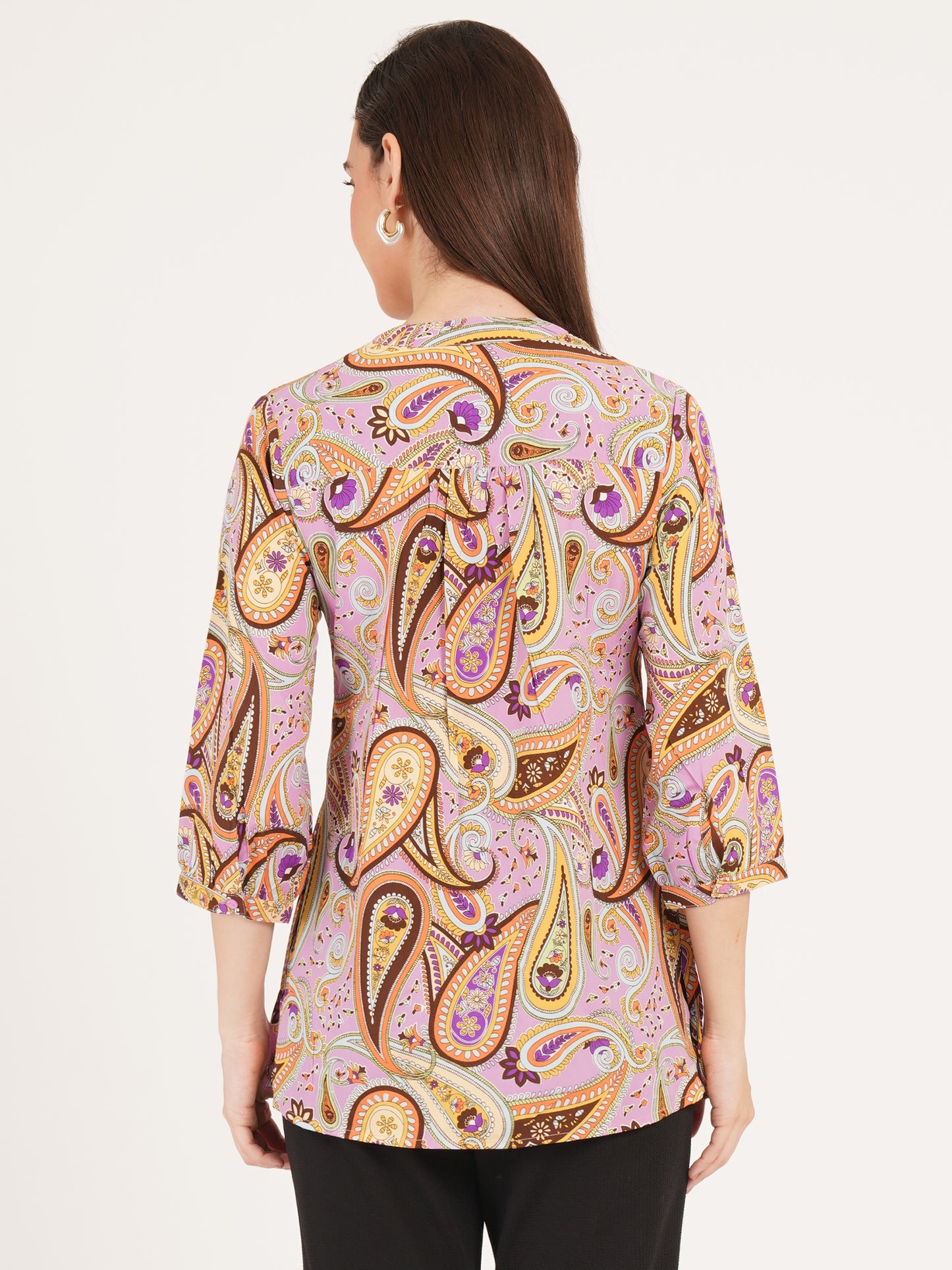 Women Brown & Purple Printed Mandarin Collar Oversized Top