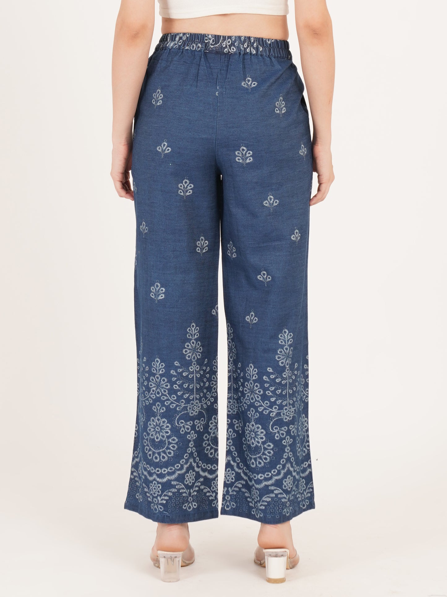 Navy blue paisley print palazzo pants by 9 Impression back view full paisley border printed.