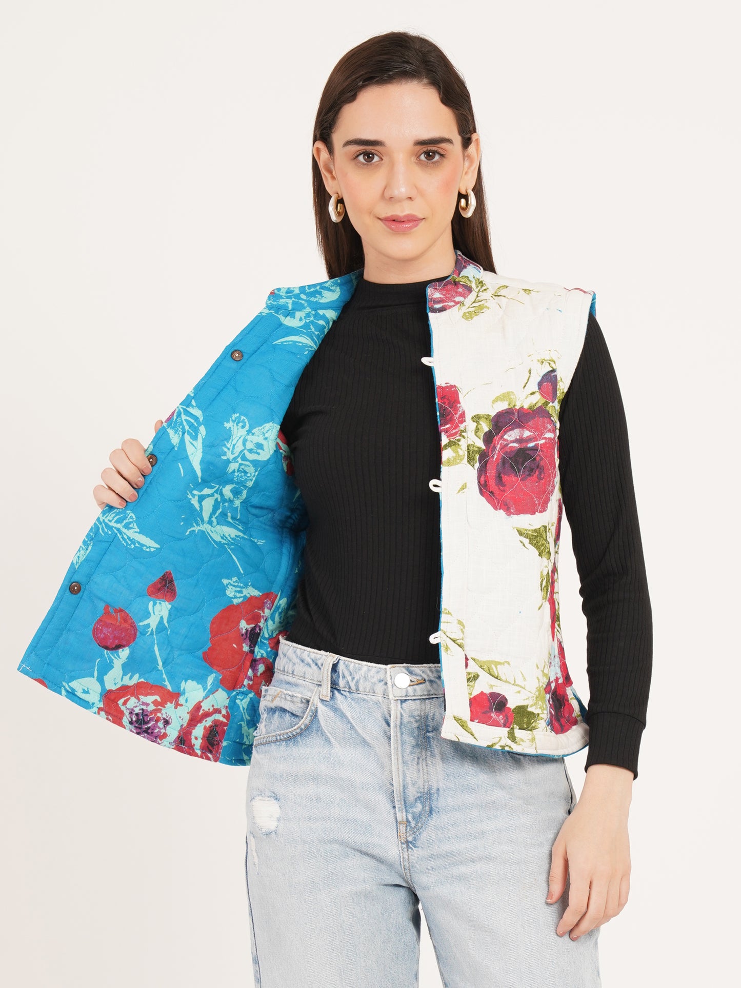 Women Floral Printed Quilted Reversible Jacket