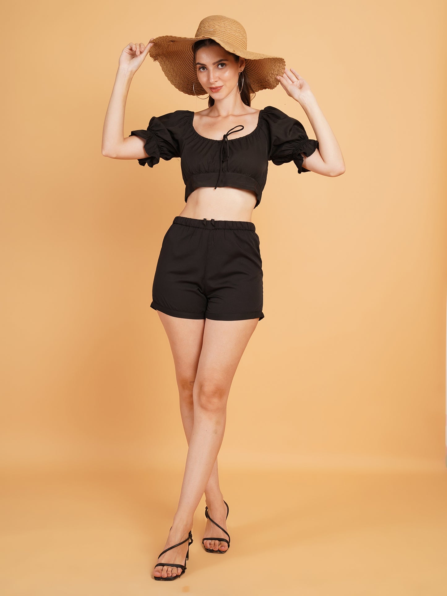 Women Black Solid Puff Sleeves Co-Ords