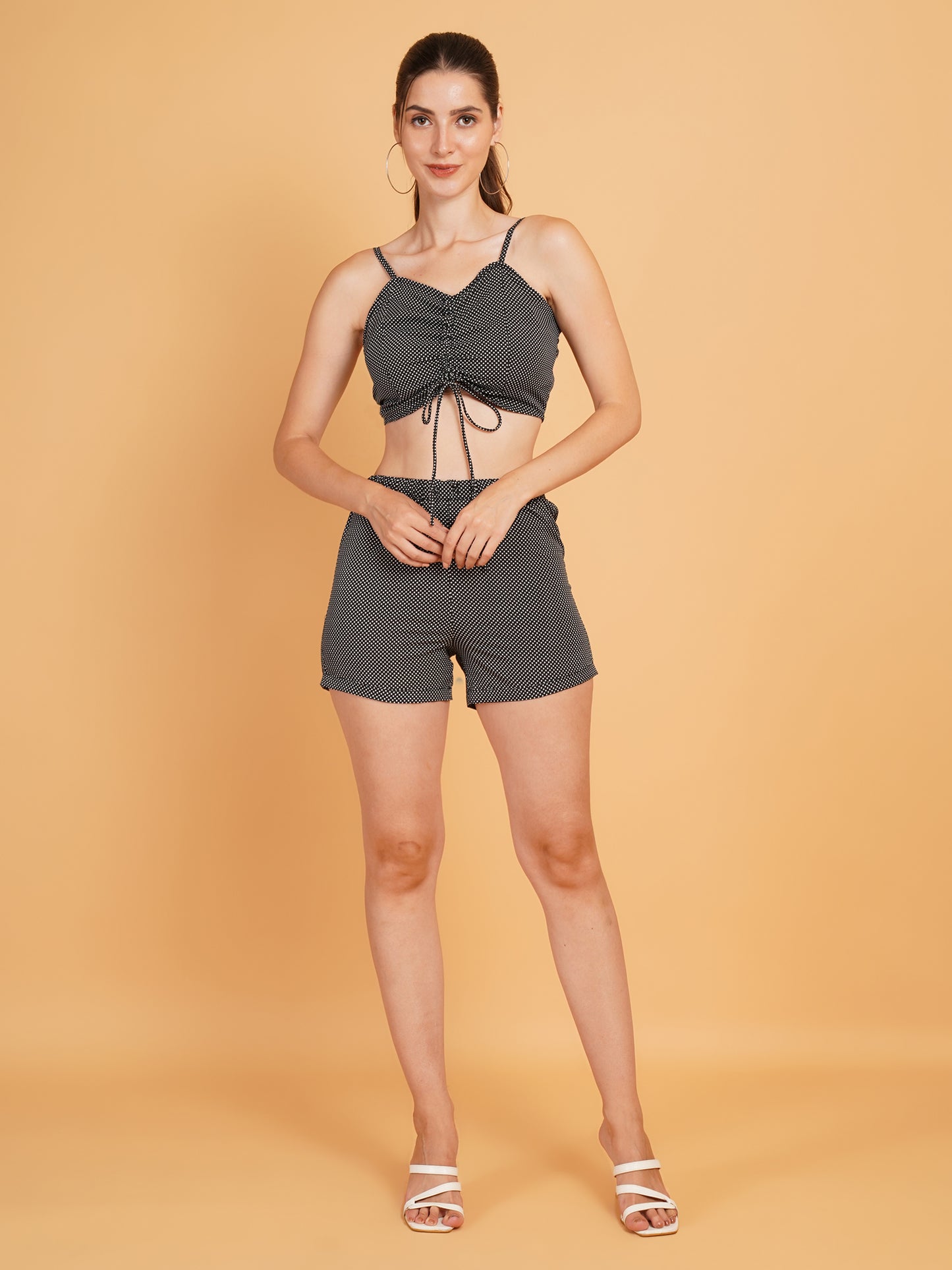 Women Black & White Polka Dot Print Co-Ords