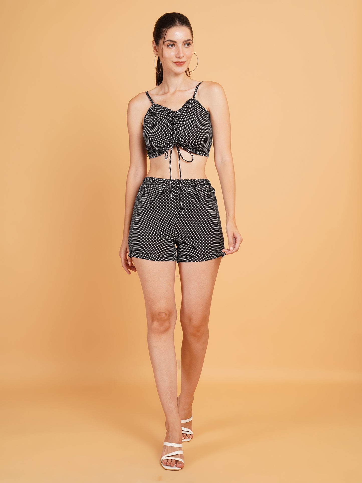 Women Black & White Polka Dot Print Co-Ords