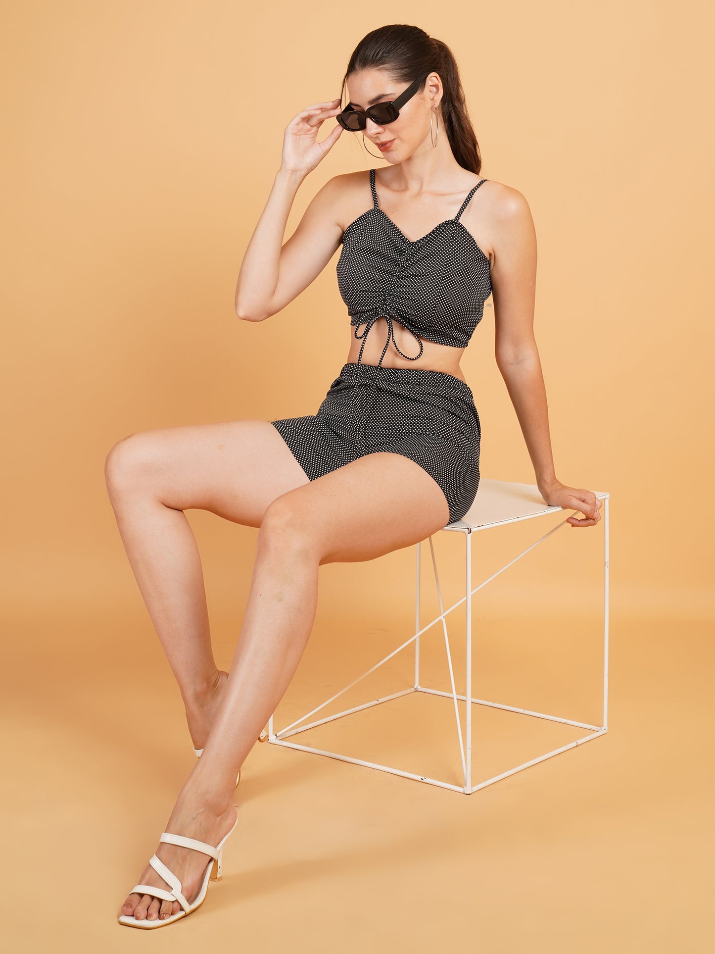 Women Black & White Polka Dot Print Co-Ords