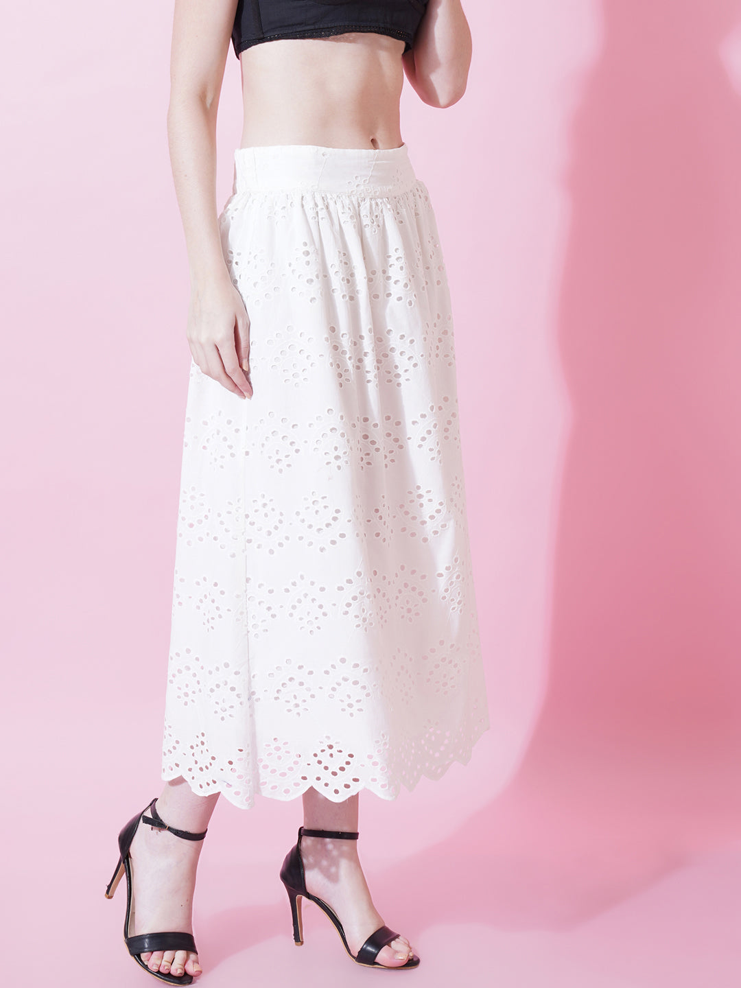 Women White Schiffli Flared Skirt