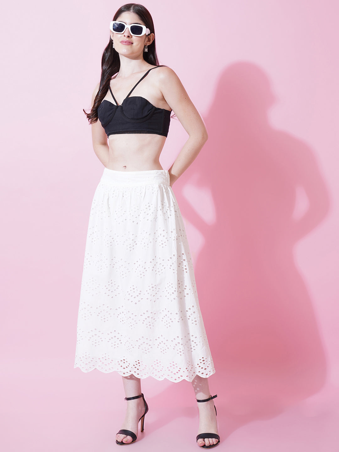 Women White Schiffli Flared Skirt