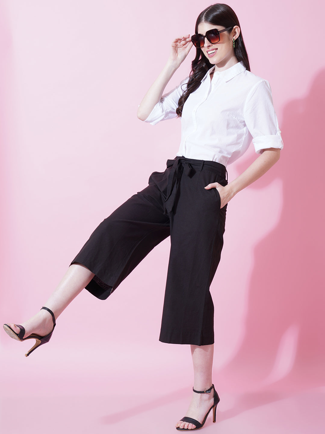 Women Black Solid Cotton Regular Fit Palazzo