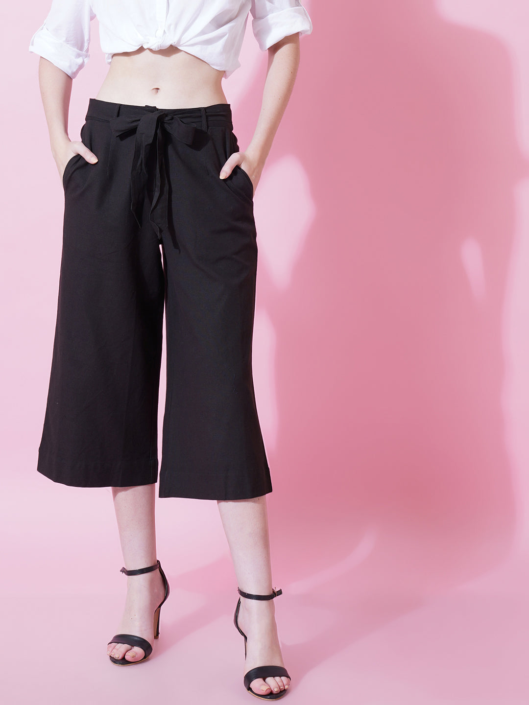 Women Black Solid Cotton Regular Fit Palazzo