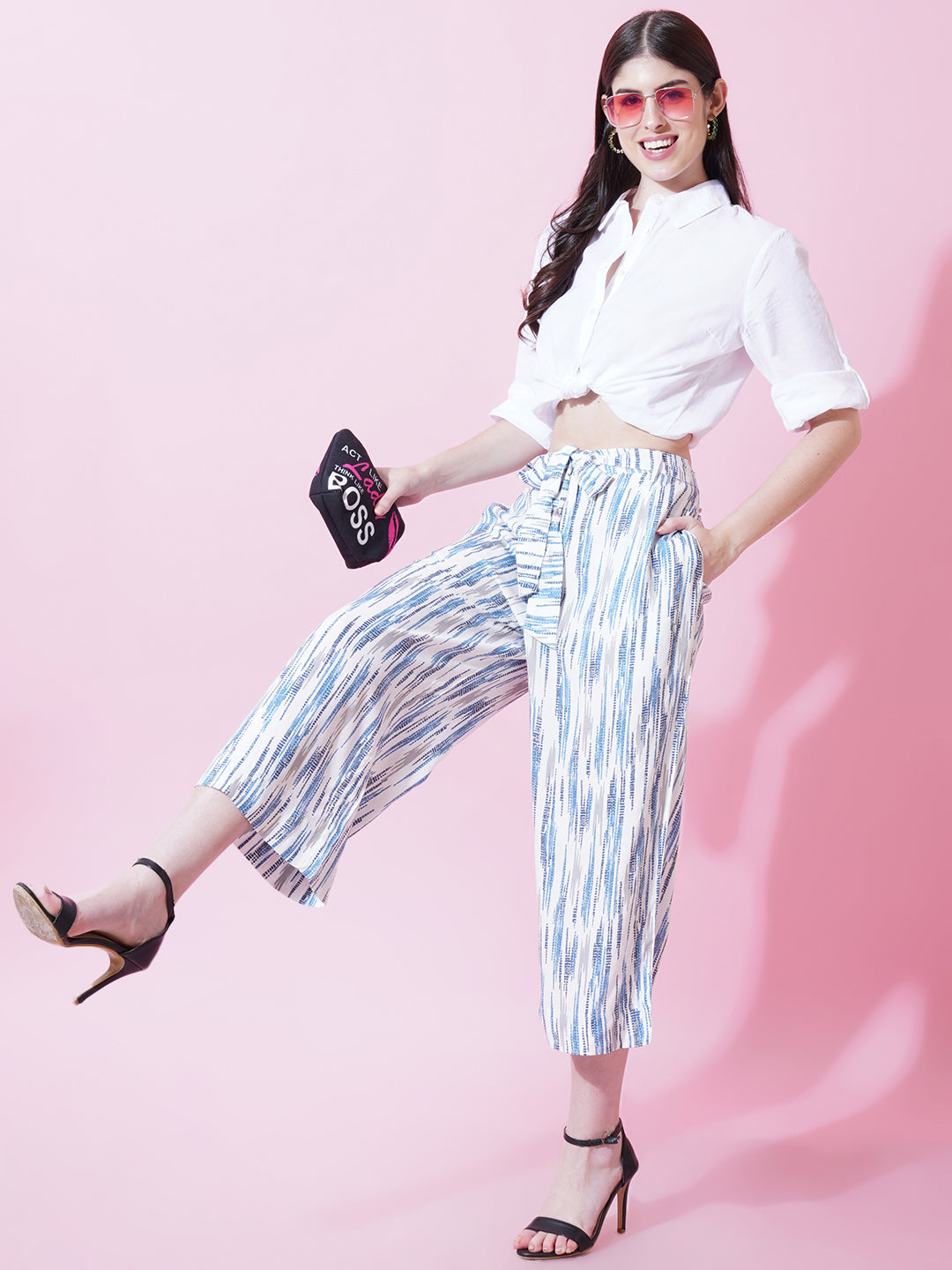 Women Blue & White Printed Rayon Regular Fit Palazzo