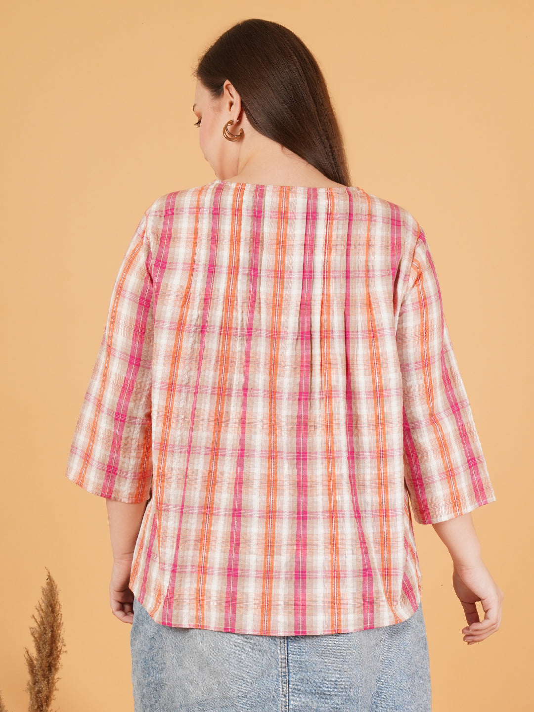 Women Pink & White Striped Bell Sleeves V-Neck Top