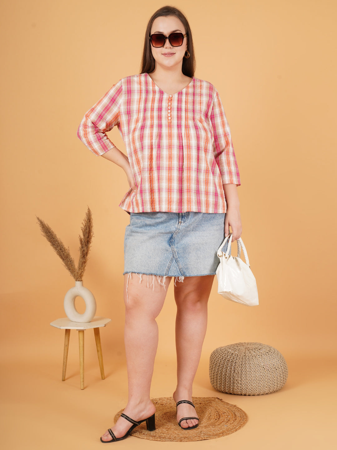 Women Pink & White Striped Bell Sleeves V-Neck Top