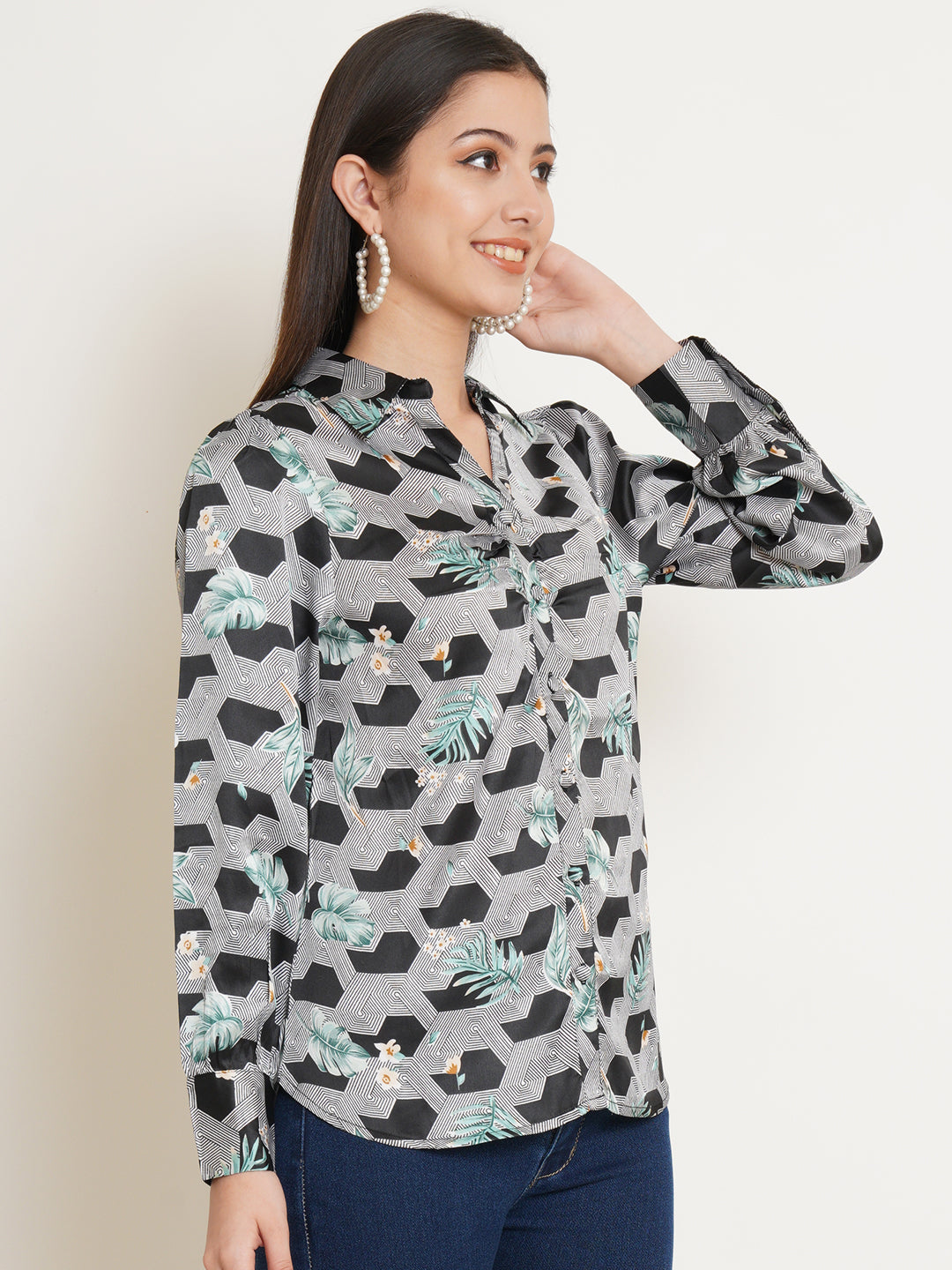 Women Black & White Printed Satin Full Sleeves Shirt Collared Tops