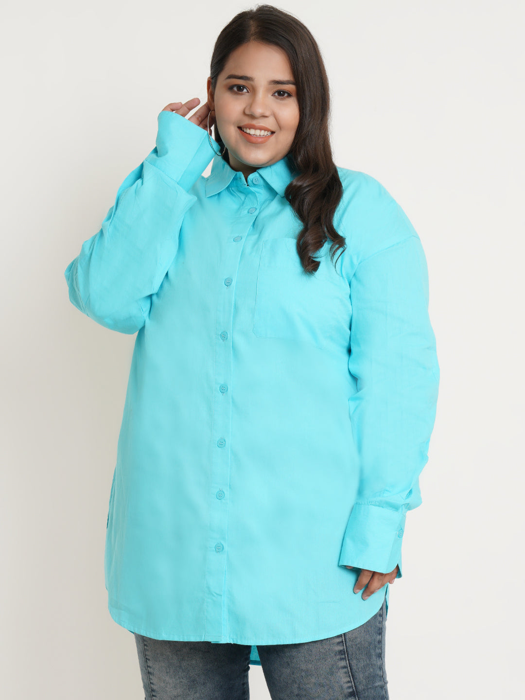Women Turquoise Blue Full Sleeves Collar Style Plus Size Top